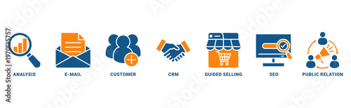 Inbound marketing icon set vector concept with icon of analysis, email, customer, crm, guided selling, seo and public relations 