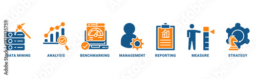 Business intelligence icon set vector concept with icon of data mining, analysis, benchmarking, management, reporting, measure, and strategy 