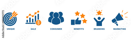 USP icon set for unique selling proposition with black outline icon of unique, sale, consumer, benefits, branding, and marketing 