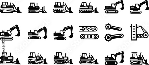 Set of construction machinery icons including bulldozers, excavators, loaders, and mechanical parts isolated on white background for industrial design use
