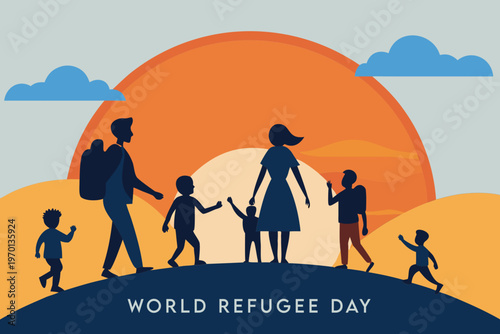 Silhouetted family walking towards a bright orange sun on world refugee day