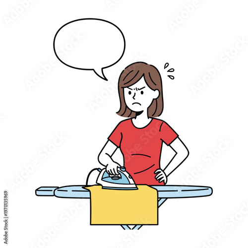 An angry woman with a frustrated expression ironing clothes on an ironing board with a speech bubble