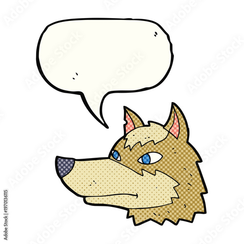 Cartoon illustration of a wolf head with blue eyes and an empty speech bubble above it.