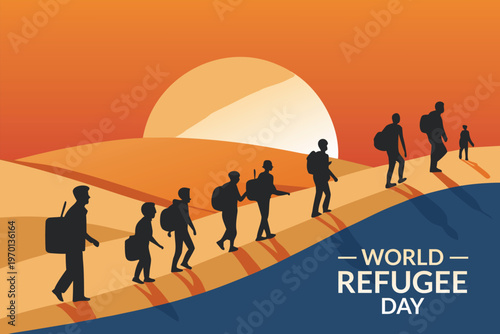Silhouettes of people walking toward a sunset representing world refugee day