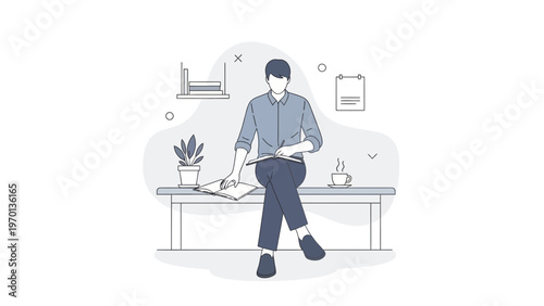Man Sitting on Bench Reading Book, Minimalist Illustration, Office or Home Office Scene