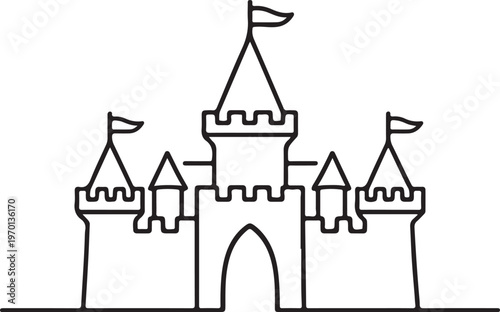 Black castle line icon with medieval architecture fantasy fortress and historical building concept