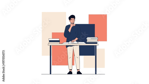 Thoughtful young man standing at desk with books, studying or contemplating