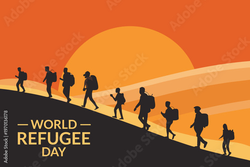Silhouetted figures walk towards a setting sun commemorating world refugee day