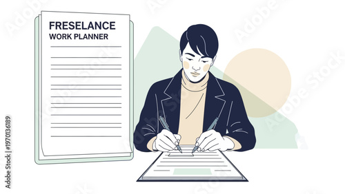 Freelancer planning work, writing in planner, focused on tasks, remote work concept