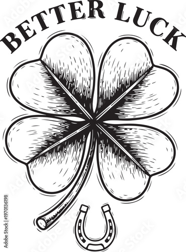 A vintage-style illustration of a four-leaf clover and horseshoe for good fortune hand drawing illustration vector