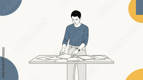 Man organizing papers on a table, minimalist illustration, business concept