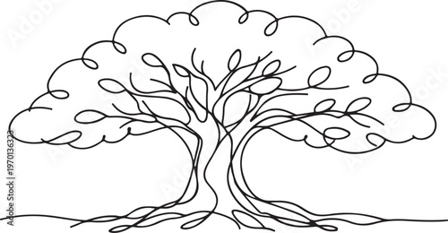 Giant tree line art illustration with strong nature presence forest environment and growth symbolism