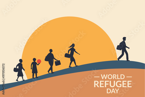 Silhouetted figures walking towards a sunset with world refugee day text