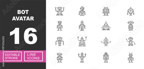 Futuristic Bot Avatars and Character Design. Includes Friendly Chatbot, Vintage Robot, Smart Android, Service Robot, Technical Bot Assistant. Editable stroke line icons.