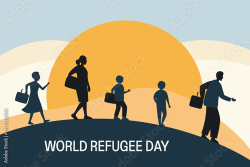 Silhouetted family walking towards a rising sun for world refugee day