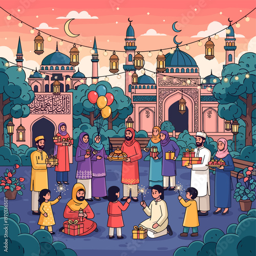 Muslim families celebrate Eid al-Fitr or Ramadan with gifts, lanterns, sparklers, and balloons in a festive mosque courtyard setting under a crescent moon.