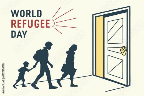 World refugee day illustration a family walks toward an open doorway