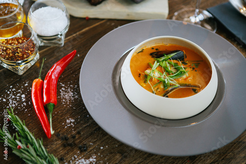 Restaurant-style fish soup with mussels and spices