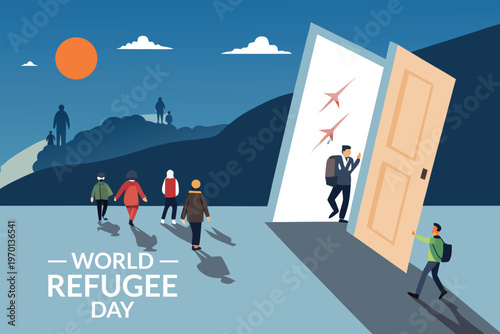 People walking towards an open door with airplanes symbolizing hope and refuge