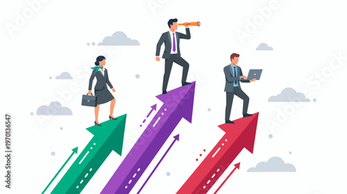 Professional CEO, executive and analyst standing on rising colorful arrows above clouds, concept for career growth, corporate success and strategic leadership