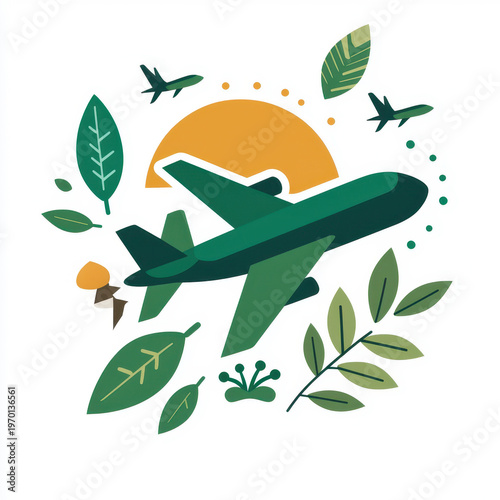Airplane flying with green leaves and sun, symbolizing eco friendly travel and carbon offsetting. design conveys sense of sustainability and environmental awareness