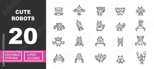 Cute Robots icon set. Includes friendly android, toy robot, mascot character, electronic buddy, futuristic bot. Editable stroke line icons.