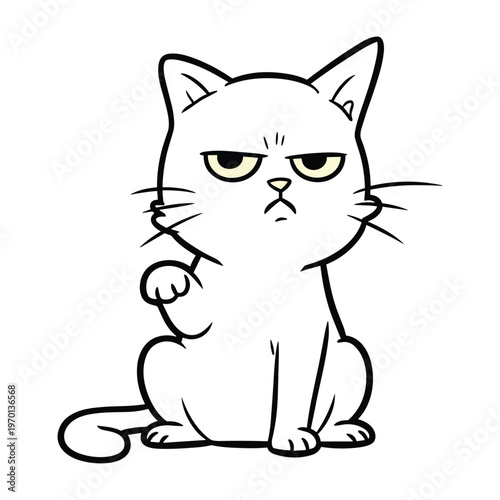 Grumpy white cartoon cat sitting with a raised paw and an angry expression on its face.