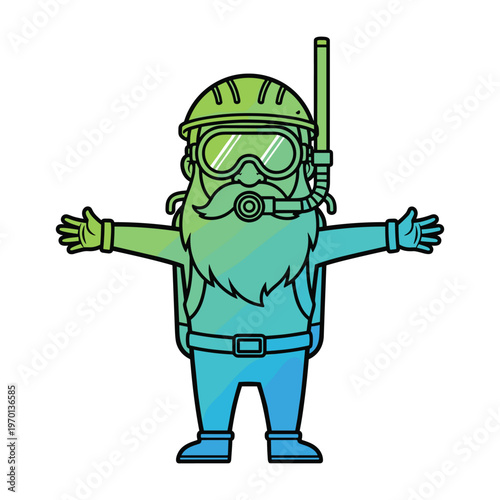 Cartoon character of a bearded man wearing full scuba diving gear and a helmet with a snorkel.