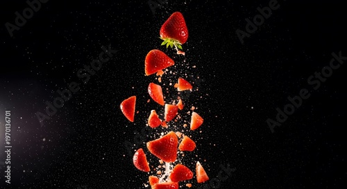 Exploding strawberries with splashes of milk against black background.