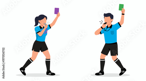 Professional HR managers and compliance officers in referee outfits blowing whistles while holding green and purple cards, concept for performance review, business rules and leadership ethics