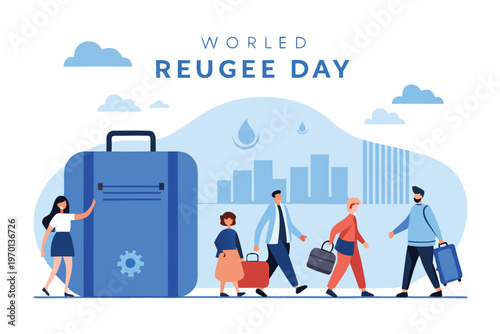 World Refugee Day illustration depicting people with luggage and a cityscape