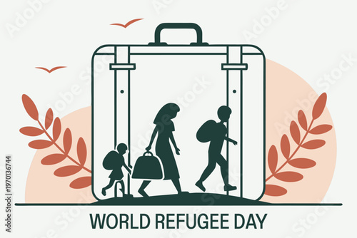 Family silhouettes walking into a suitcase with world refugee day text