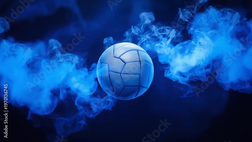 3D render of a white volleyball suspended in dark blue smoky atmosphere with glowing blue wisps sport