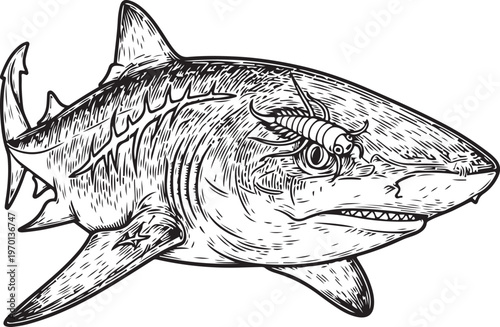 Intricate line drawing of a predatory great white shark in motion hand drawing illustration vector