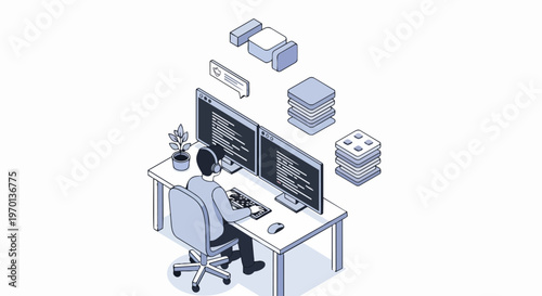 Isometric Software Developer Coding on Dual Monitors with Cloud Database and Cybersecurity Icons
