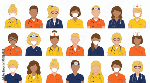 Diverse avatars of professional medical staff wearing scrubs and surgical masks with stethoscopes on white background, concept for healthcare insurance, hospital recruitment and clinic team