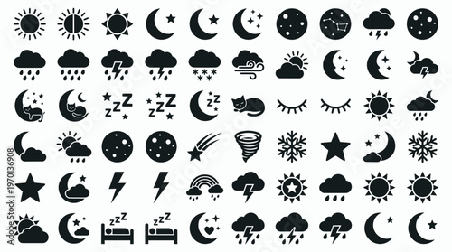 Large set of black weather and sleep cycle icons including sun moon stars rain clouds and lightning on white, concept for mobile app interface, meteorological forecasting and bedtime design