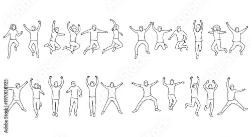 Jumping People Outline Character Set - Happy Active Pose Vector Collection
