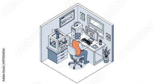Isometric 3D Printing Workshop Illustration of a Designer Working on a Computer for Rapid Prototyping and Additive Manufacturing