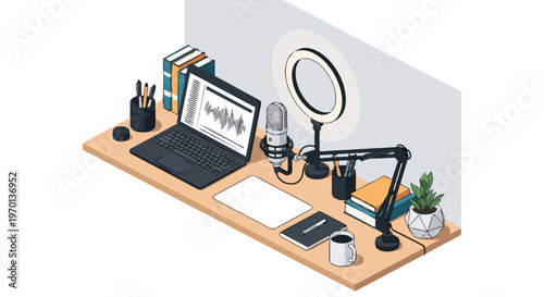 Isometric Podcasting and Content Creation Setup Illustration with Laptop, Microphone, and Ring Light