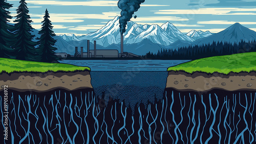 Detailed illustration depicting landscape with mountains, river, and industrial elements. scene contrasts natural beauty with pollution, showcasing impact of industry on environment