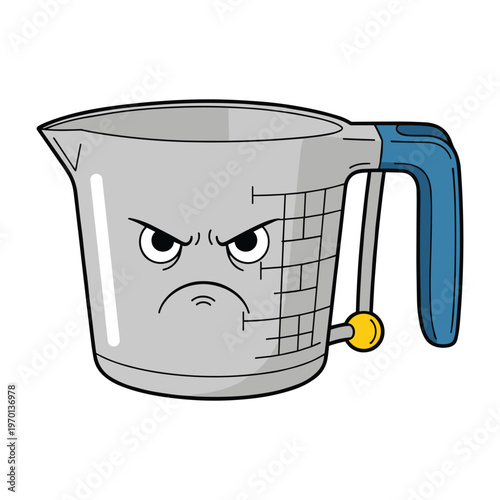 Cartoon illustration of a grumpy measuring cup with a blue handle and a scowling face