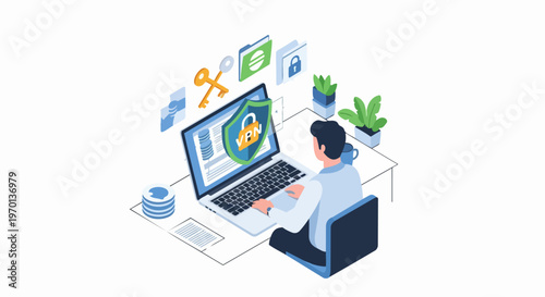 Isometric Illustration of Man Using VPN for Secure Internet Connection and Cyber Security Data Protection on Laptop