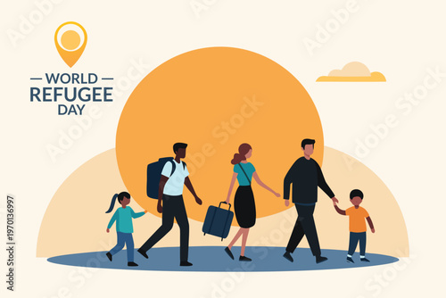 World refugee day illustration depicting a family walking towards the horizon