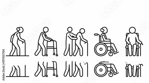 Minimalist line icons of elderly people using mobility aids like wheelchair, walker and walking stick on white, concept for geriatric nurse, social worker and medical service administrator