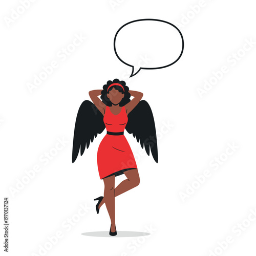 A dark-skinned woman wearing a red dress and black wings with an empty speech bubble above her head.