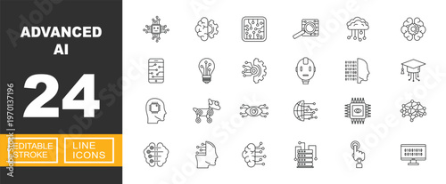 Advanced AI icon set. Includes artificial brain, machine learning, neural network, robotic vision, digital chip. Editable stroke line icons.
