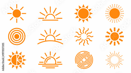 Set of minimalist orange sun icons featuring various ray patterns and sunrise shapes on white background, concept for weather forecasting, climate awareness and summer travel branding