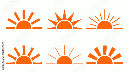Set of orange sunrise and sunset icons with various minimal ray styles isolated on a white background, concept for weather forecasting apps, solar energy branding and summer travel marketing