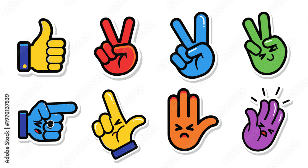 Fototapeta premium Colorful Hand Gesture Icons Set: Thumbs Up, Peace Signs, Pointing, Shaka, Angry Face